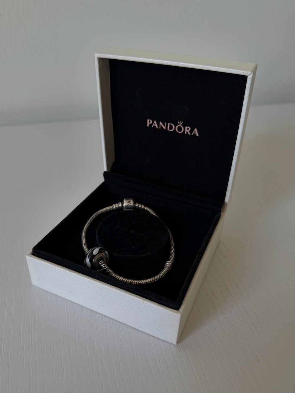Authentic Pandora Sterling Silver Charm Bracelet 7.9” + Murano Glass Charm